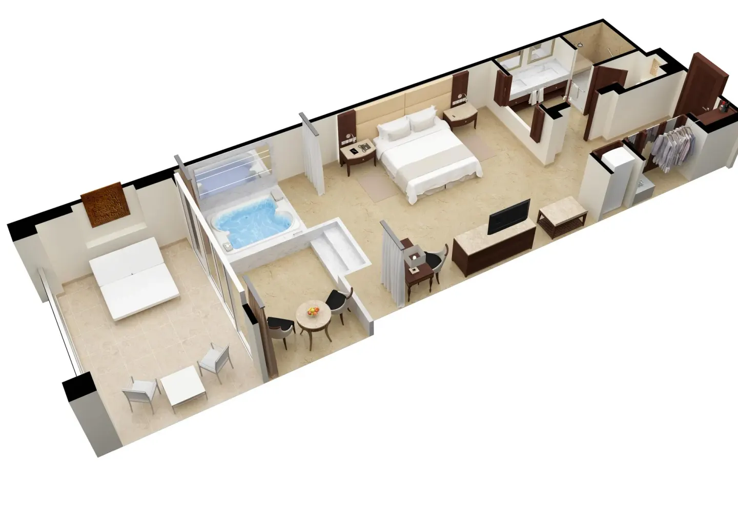 Grand Deluxe Garden View floor plan with bed, bath, and terrace at Moon Palace The Grand Cancun.