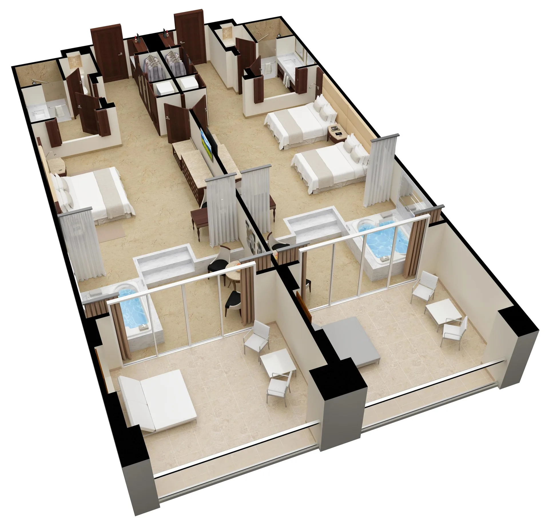 Grand Family Suite Garden View floor plan with bedrooms and terraces at Moon Palace The Grand Cancun.