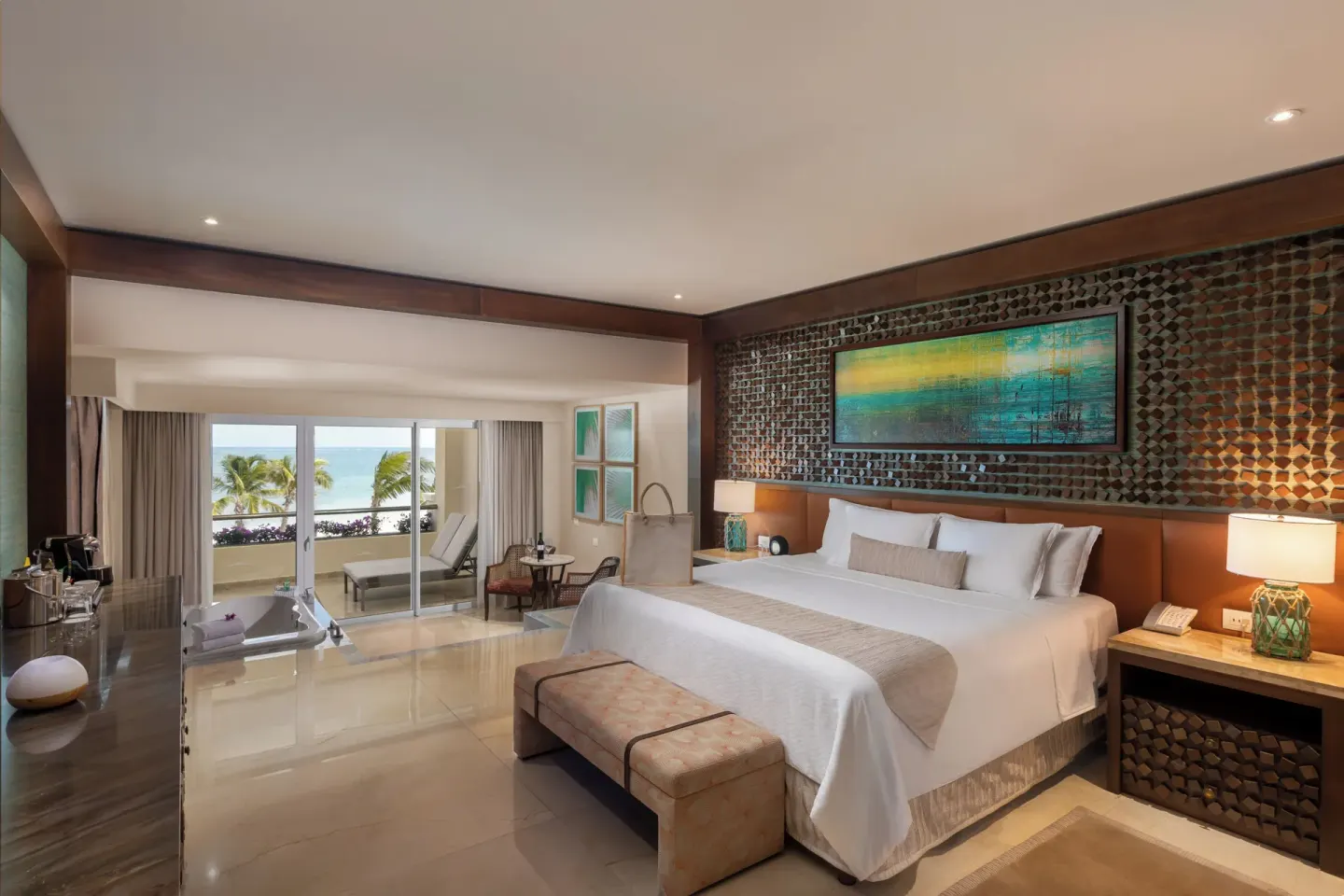 Grand Villa Four Bedroom king bed with balcony and palms at Moon Palace The Grand Cancun.