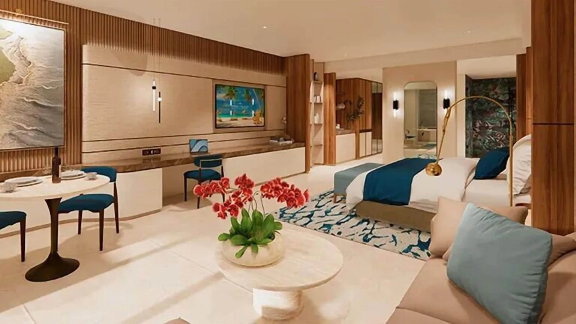 Grand Villa Sunset View bedroom and sitting area at Moon Palace The Grand Cancun.