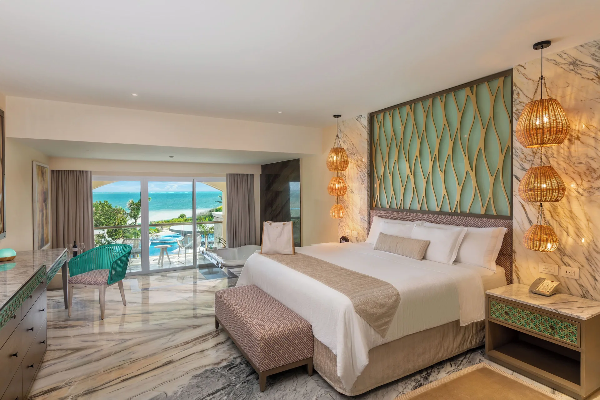 Grand Villa Three Bedroom king bedroom with balcony ocean view at Moon Palace The Grand Cancun.