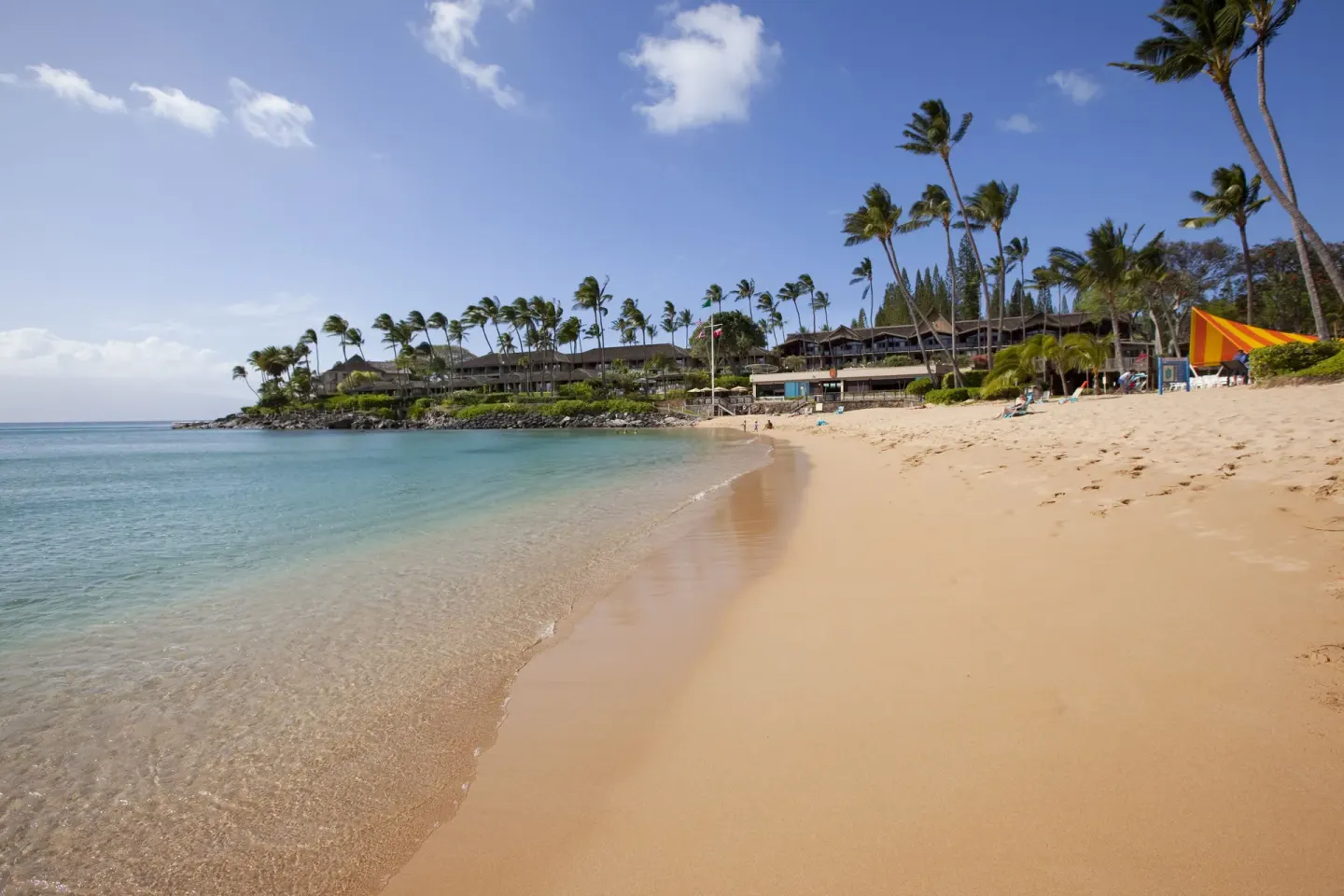 Sandy beach and turquoise water front Napili Kai Beach Resort with palms and resort buildings beyond.
