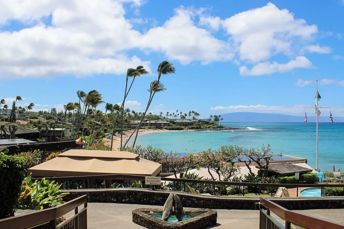 Ocean-view terrace at Napili Kai Beach Resort overlooking the cove, pool, palms, and flags.