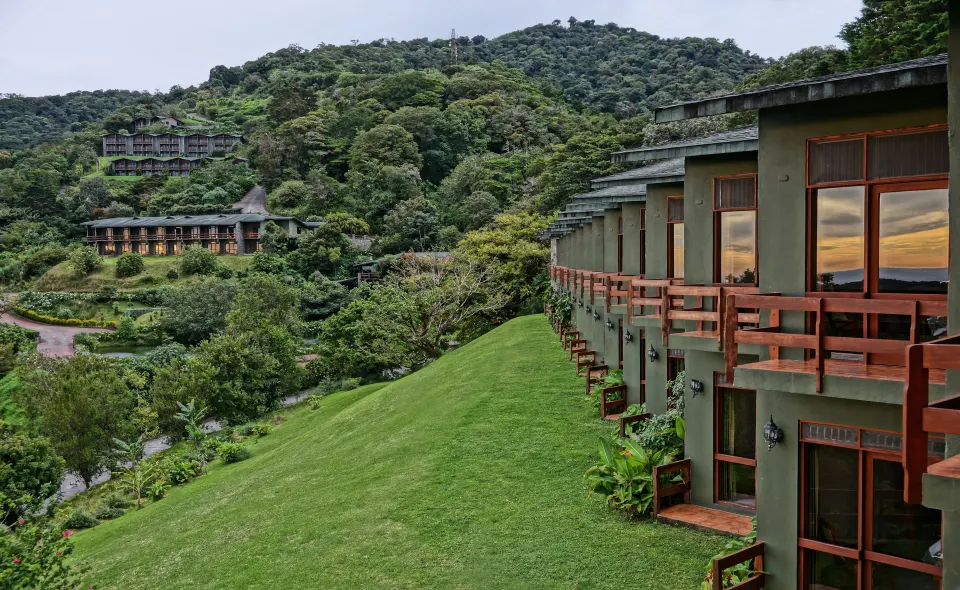 El Establo Mountain Hotel large mountain resort with hillside buildings and cloud-forest views in Monteverde, Costa Rica.