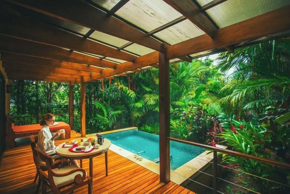 Covered villa terrace with private pool and breakfast at Nayara Springs.