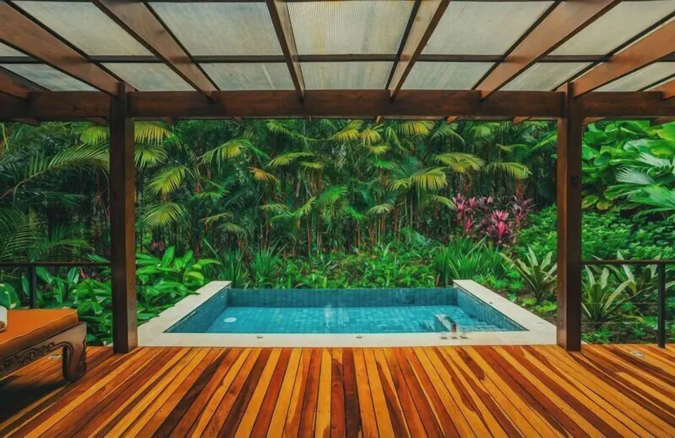 Private terrace pool facing tropical gardens at Nayara Springs.