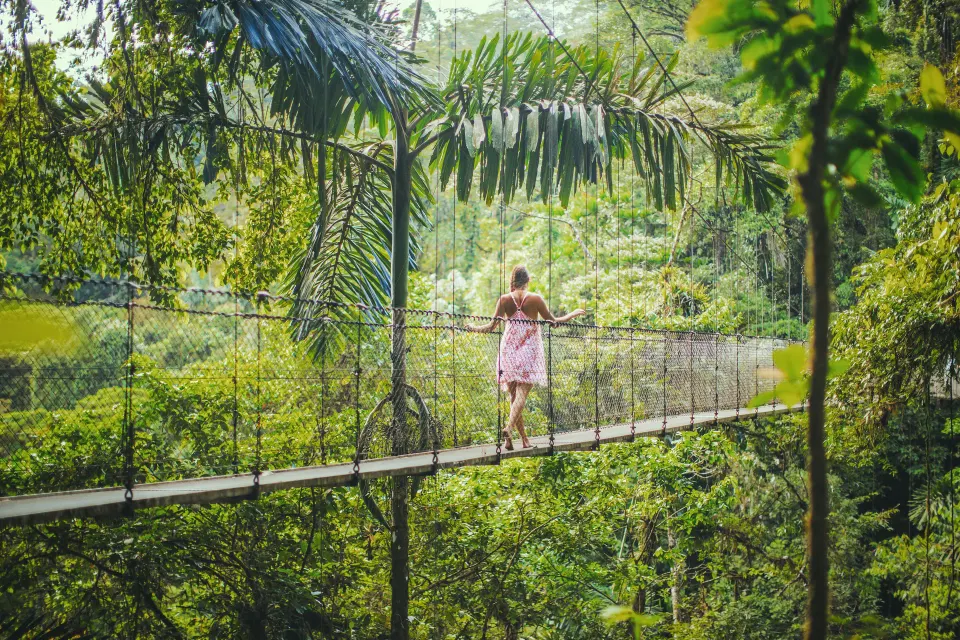 A guest crosses a suspension bridge through rainforest greenery at Nayara Springs.