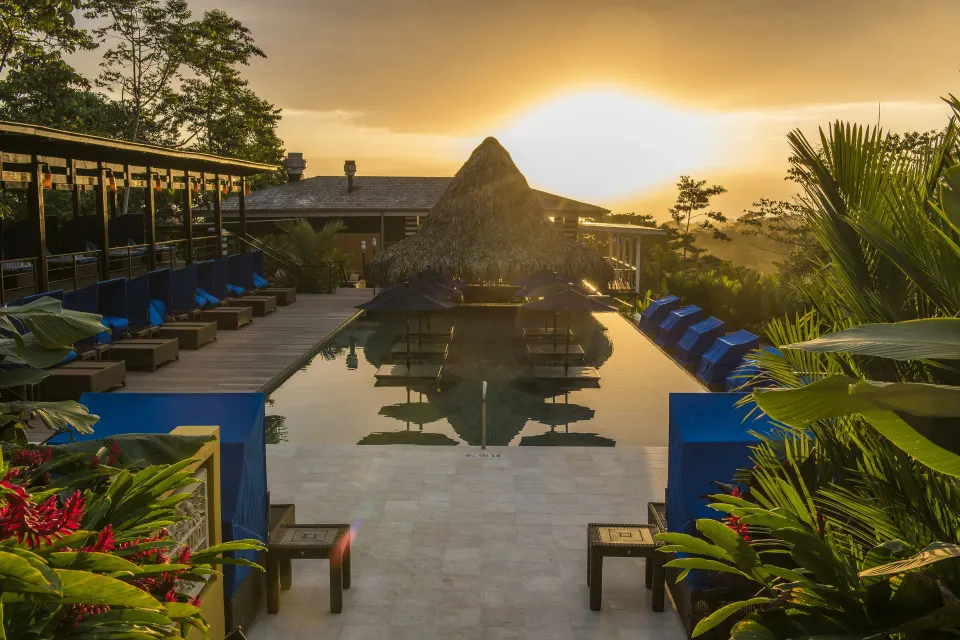 Resort pool at sunset with loungers and tropical plants at Nayara Springs.