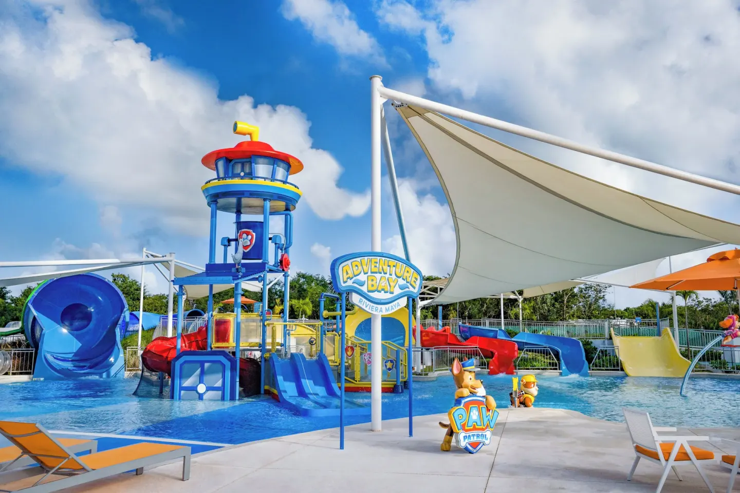 Adventure Bay water play area with slides at Nickelodeon Hotels & Resorts Riviera Maya.