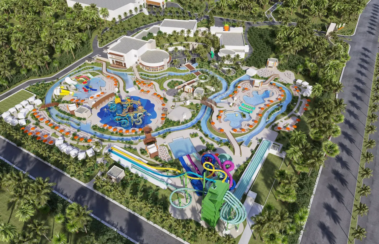 Aerial view of pools, slides, and water play areas at Nickelodeon Hotels & Resorts Riviera Maya.