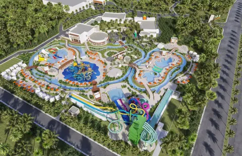 Aerial view of pools, slides, and water play areas at Nickelodeon Hotels & Resorts Riviera Maya.
