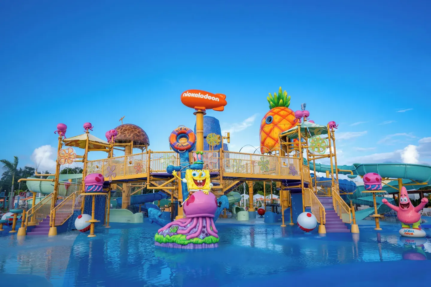 Colorful water playground and shallow pool at Nickelodeon Hotels & Resorts Riviera Maya.