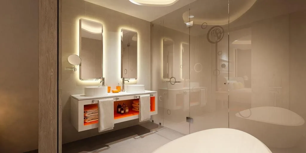 Penthouse Oceanfront Swim-Up Suite bathroom vanities at Nickelodeon Hotels & Resorts Riviera Maya.