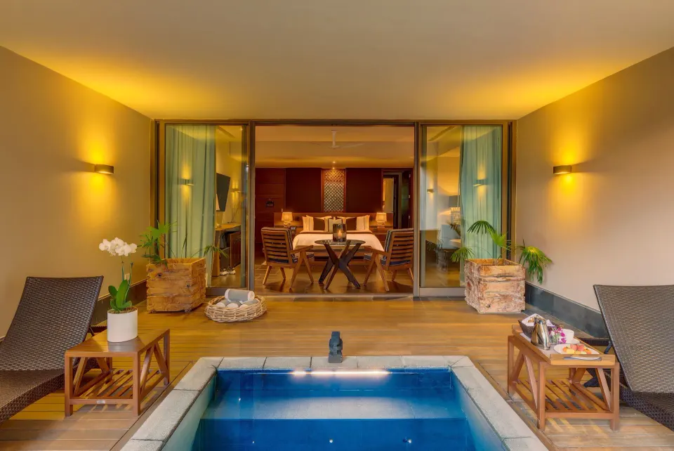 Junior Suite garden terrace with plunge pool and open bedroom at Nizuc Resort and Spa.