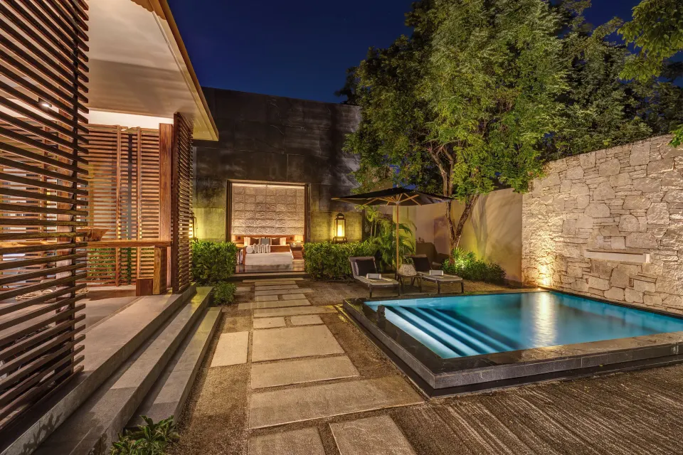 Private Pool Pavilion Villa courtyard with plunge pool at Nizuc Resort and Spa.