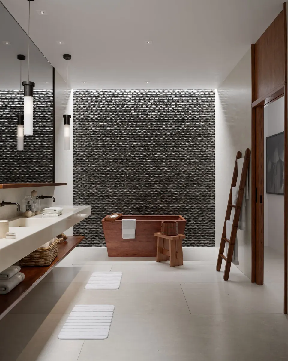 Spacious guest bathroom with double vanity and wooden tub at Nobu Hotel Los Cabos.