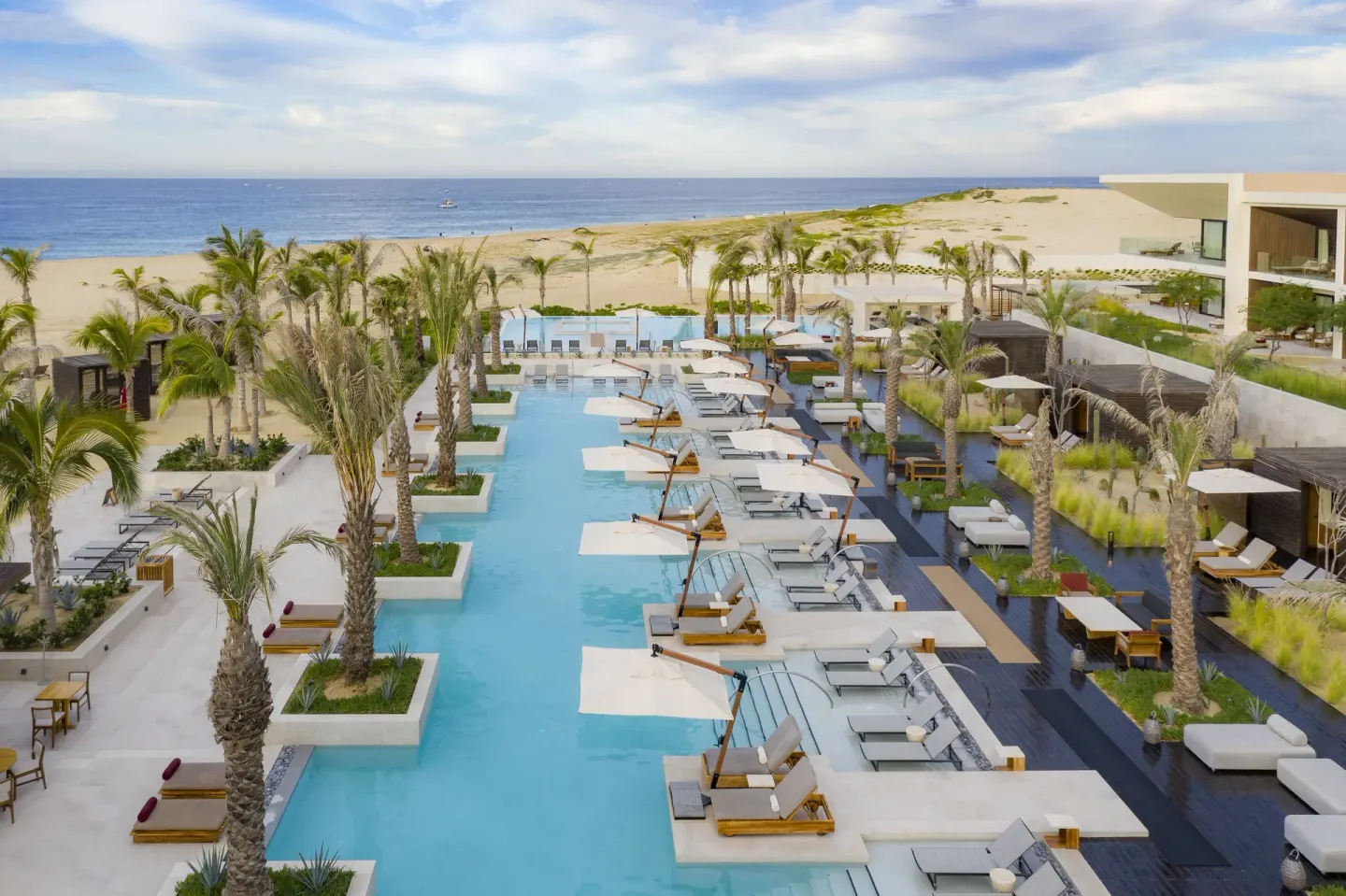 Aerial view of the resort pool, palms, loungers and beach at Nobu Hotel Los Cabos.