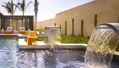 Spa pool waterfall features with loungers and cacti at Nobu Hotel Los Cabos.