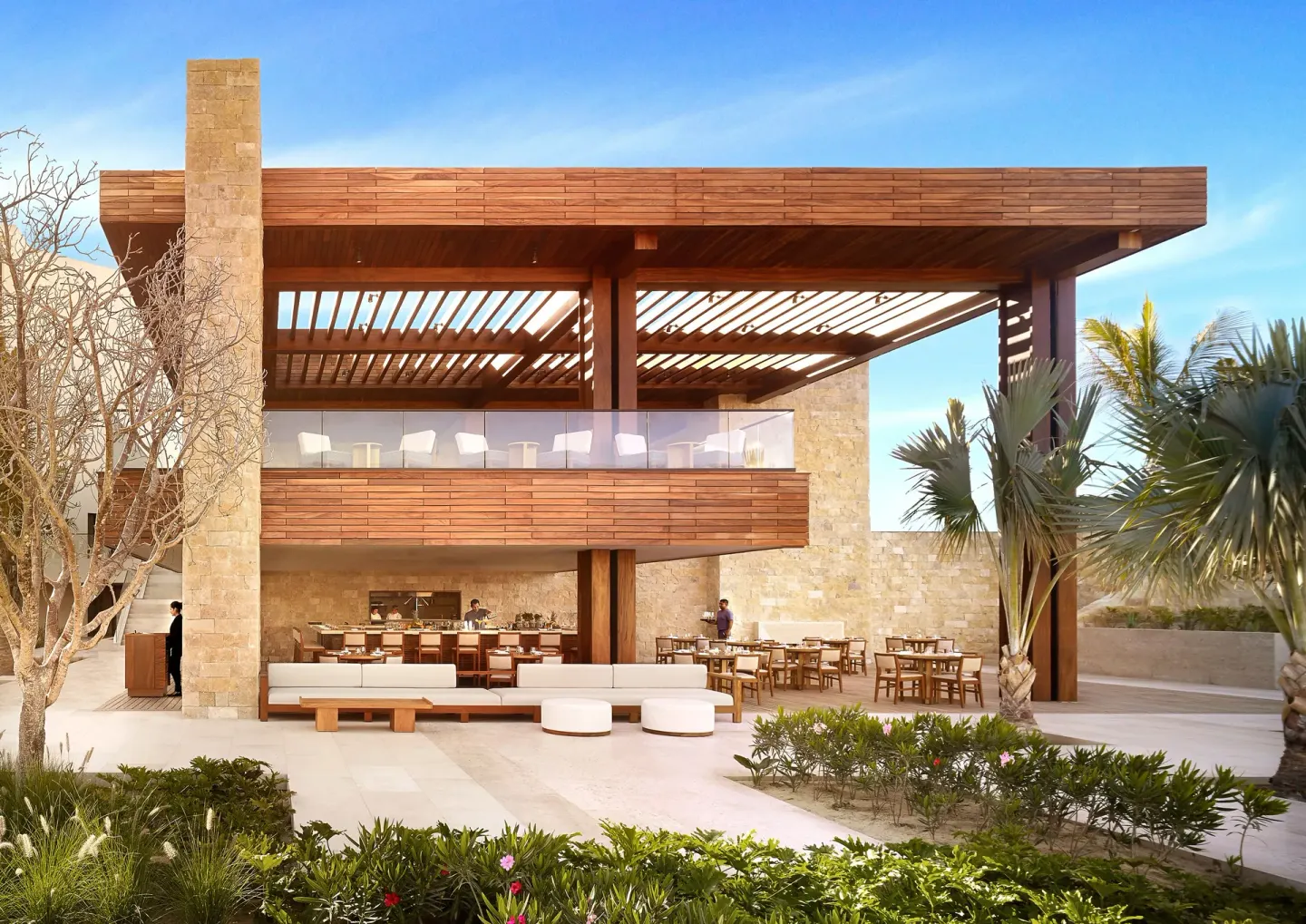Two-level restaurant pavilion with outdoor seating at Nobu Hotel Los Cabos.