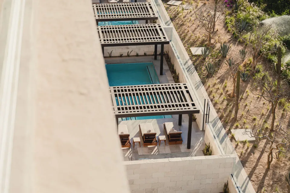 Asahi 2 Bedrooms balcony view of private plunge pools at Nobu Hotel Los Cabos.