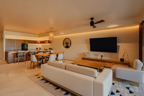 Asahi 2 Bedrooms living and dining area with kitchen at Nobu Hotel Los Cabos.