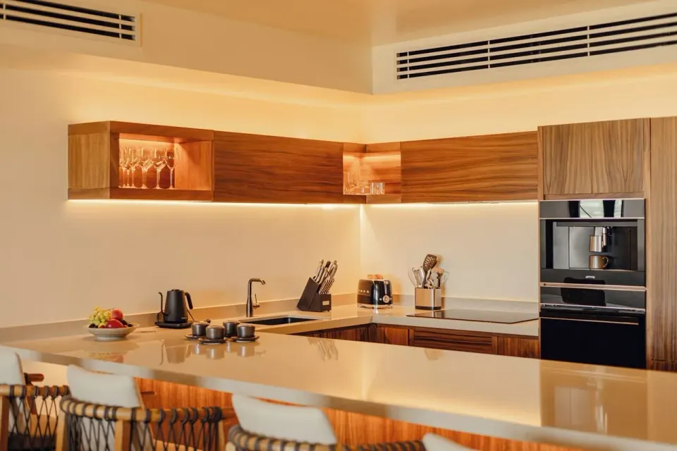 Residence kitchen with countertop appliances in Asahi 2 Bedrooms at Nobu Hotel Los Cabos.