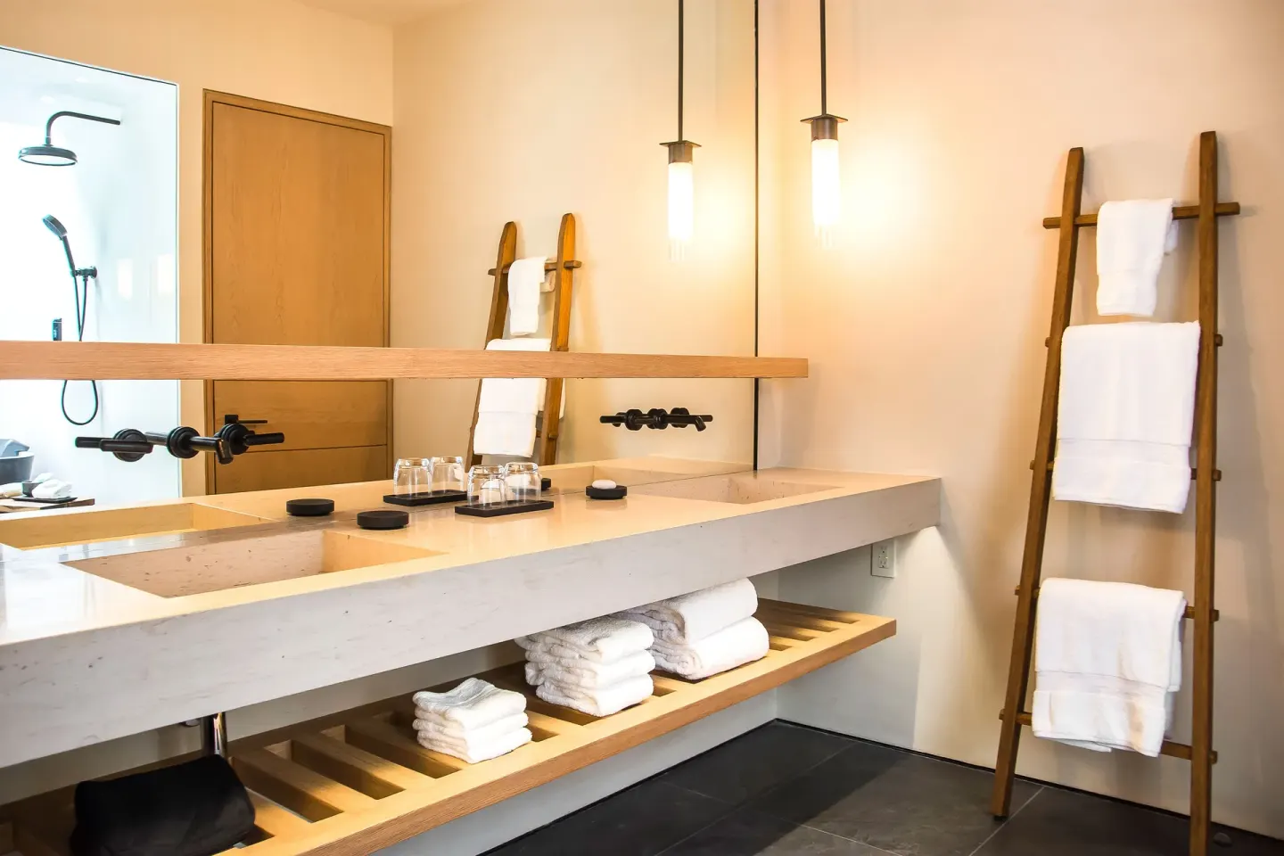 Double vanity bathroom in a Junior Room, Ocean View at Nobu Hotel Los Cabos.