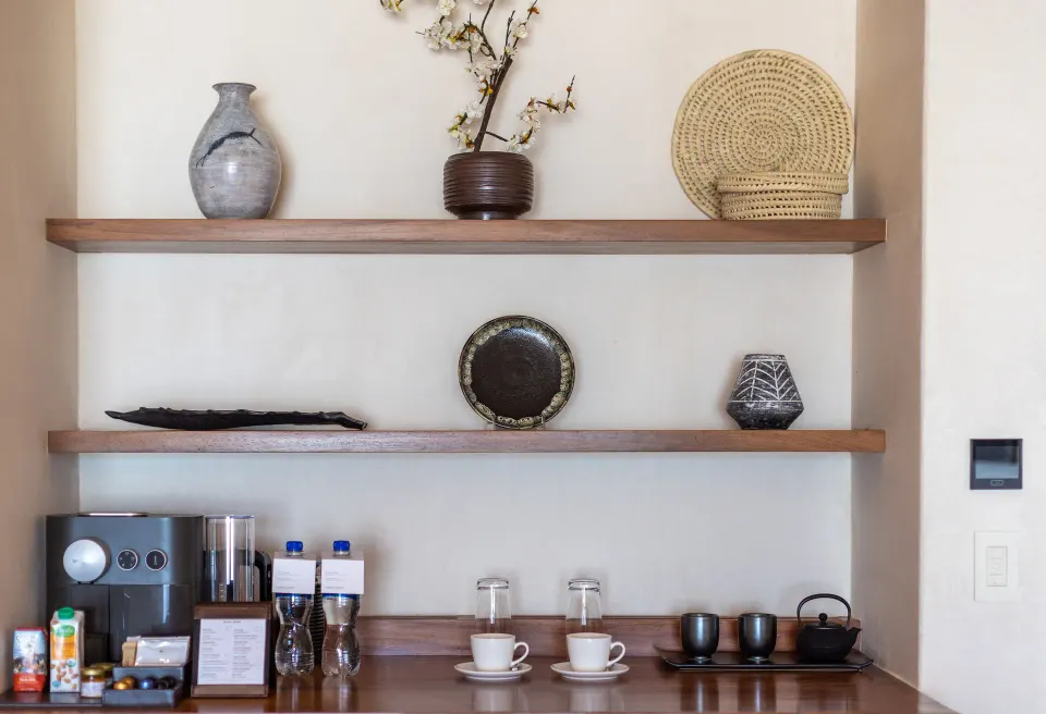 Coffee and tea setup in a Luxury Room Ocean View at Nobu Hotel Los Cabos.