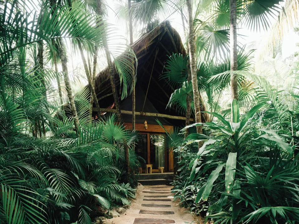 Thatched-roof villa tucked into lush tropical landscaping at Nômade Temple Tulum