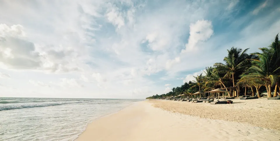 Long empty beach leading to a distant treeline at Nômade Temple Tulum