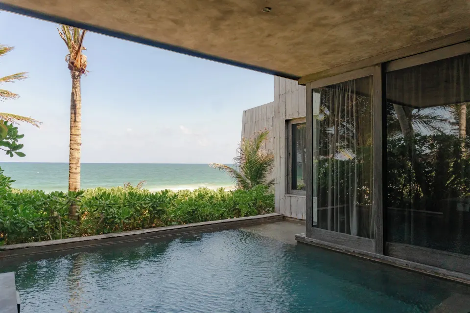 Private plunge pool and ocean view from a Suite, Ocean View at Nômade Temple Tulum.