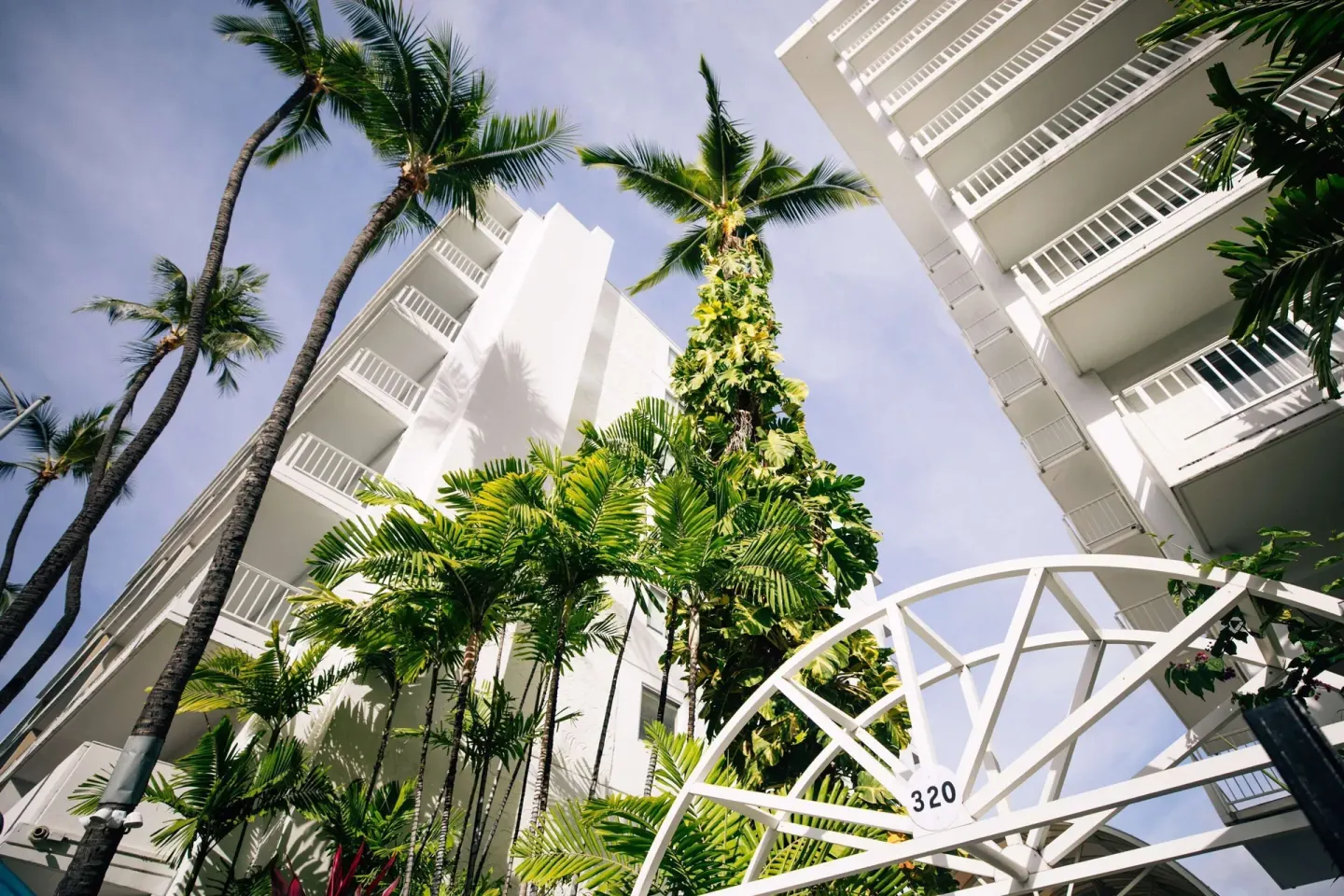 Palm trees and white balconies frame the entrance arch at Oasis Hotel Waikiki.