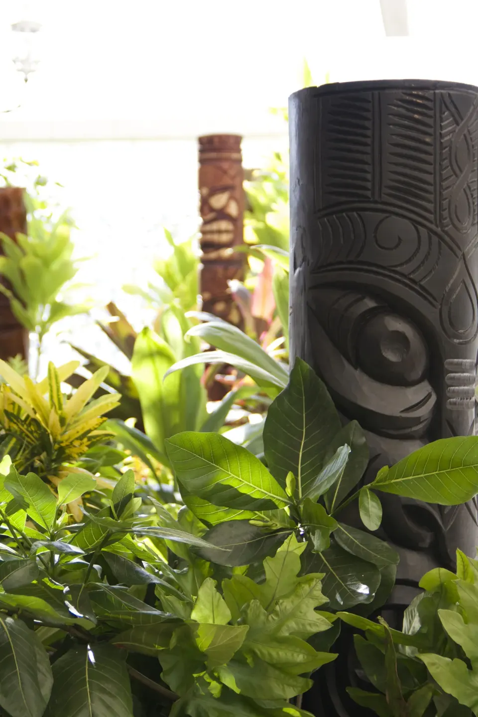 Carved tiki-style figure among tropical plants at Oasis Hotel Waikiki.