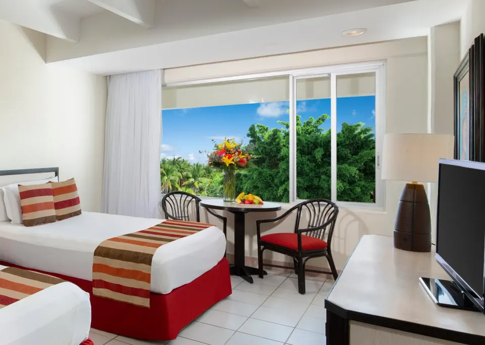 Standard room seating area with one bed, TV, and large window at Oasis Palm.
