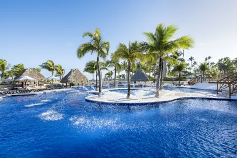 Palm island and bright blue swimming pool at Occidental Caribe.