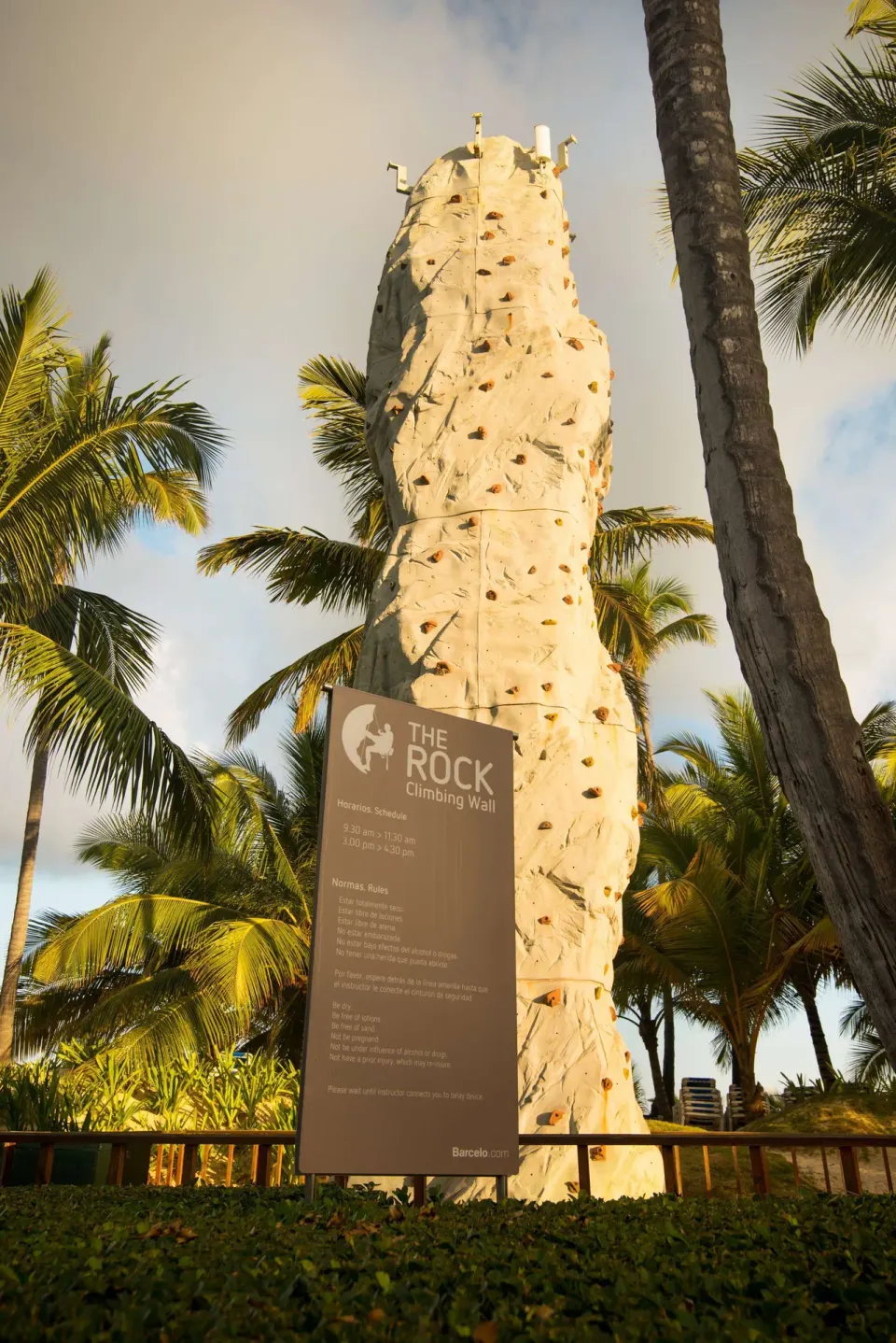 The Rock climbing wall and sign stand among palms at Occidental Caribe.