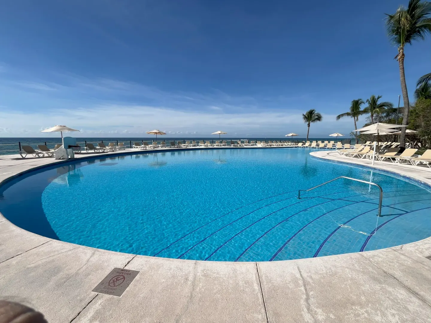 Wide oceanfront pool with entry steps and rows of loungers at Occidental Cozumel.