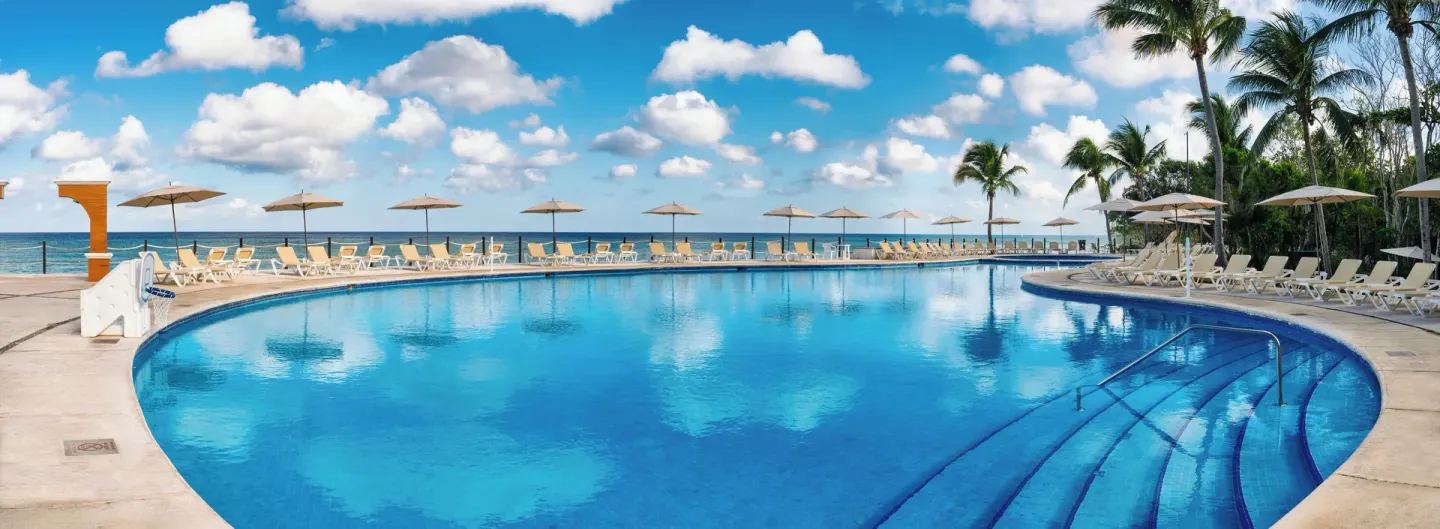 Panoramic view of the oceanfront pool, palm trees, and loungers at Occidental Cozumel.