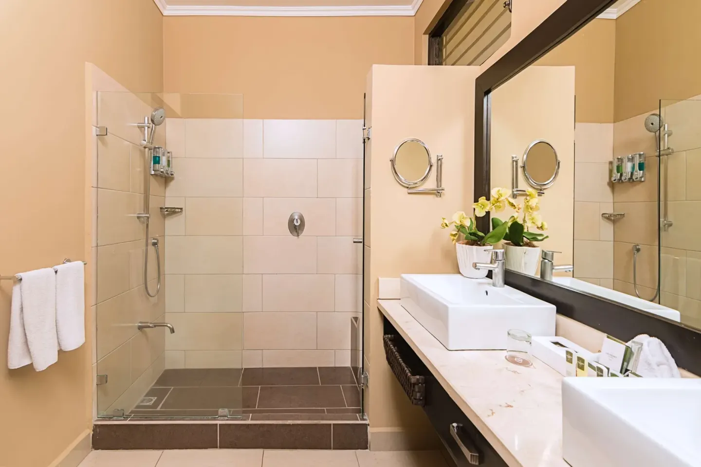 Bathroom with glass shower and double vessel sinks at Occidental Papagayo.