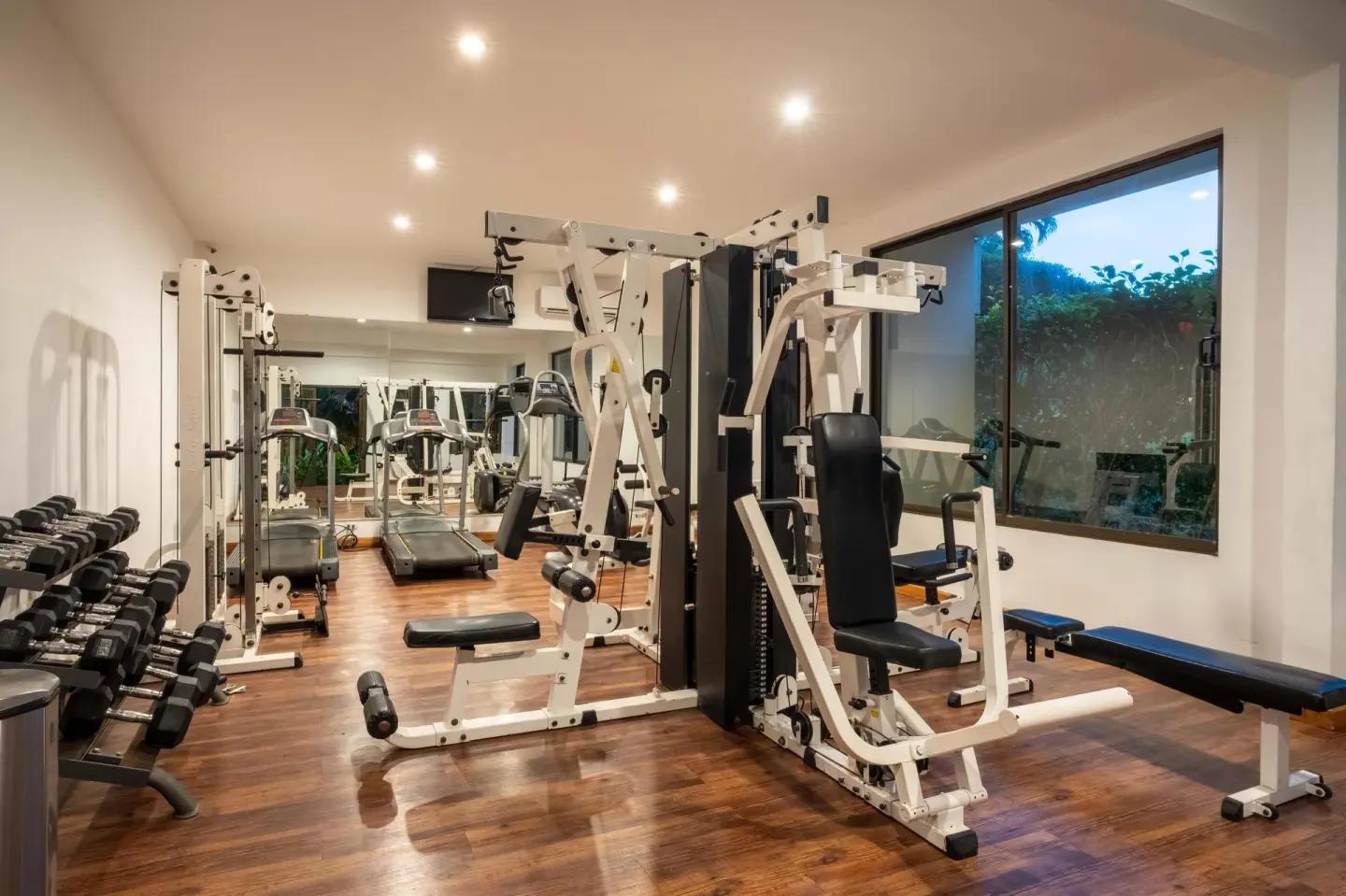 Fitness room with strength machines, dumbbells, benches, and treadmills at Occidental Papagayo.