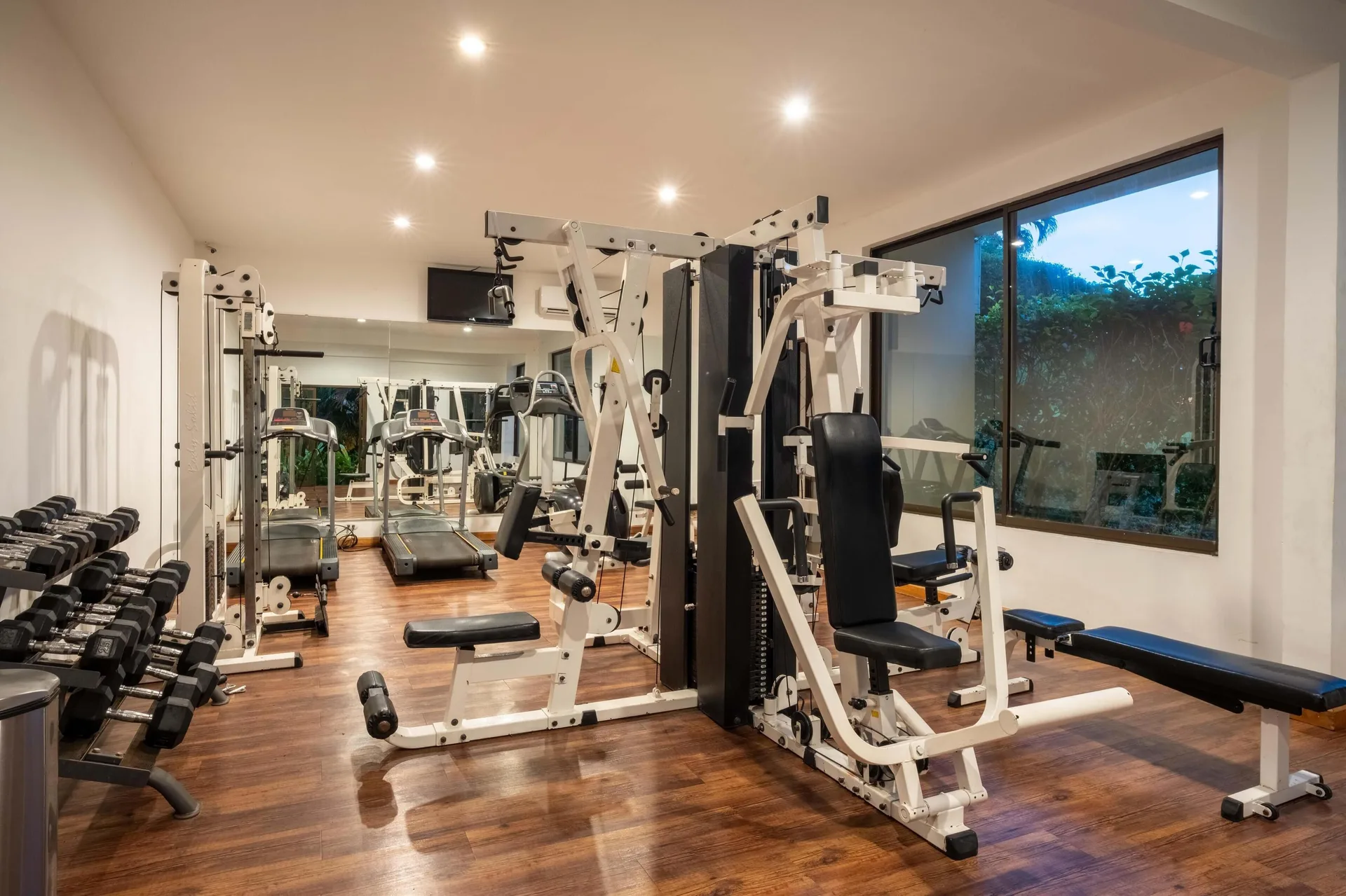Fitness room with strength machines, dumbbells, benches, and treadmills at Occidental Papagayo.