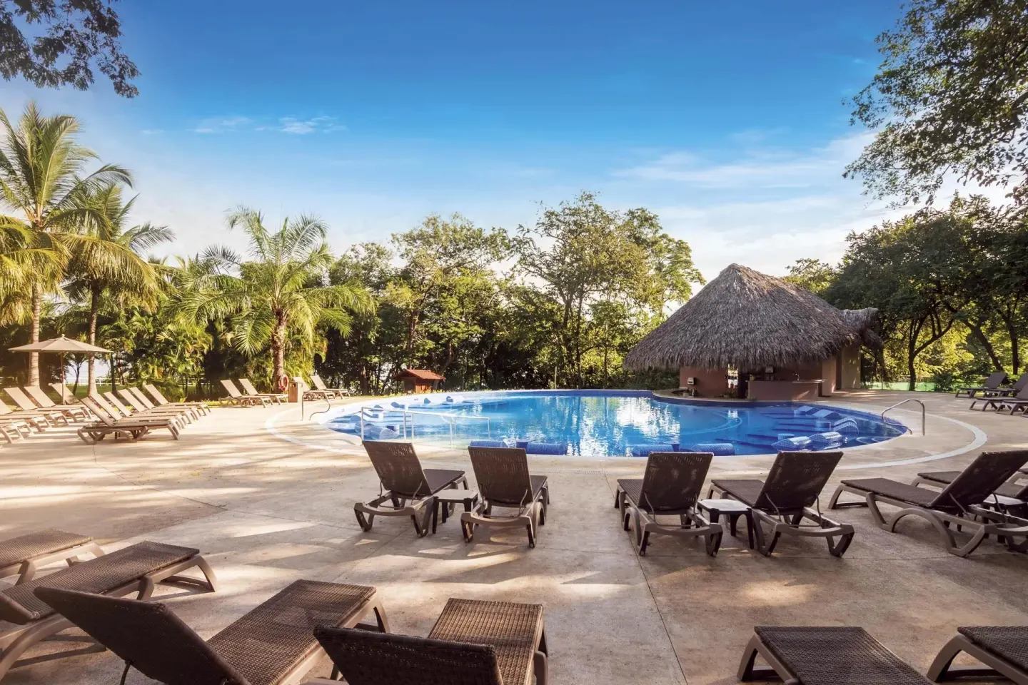 Pool deck with loungers, palms, and a thatched bar at Occidental Papagayo.
