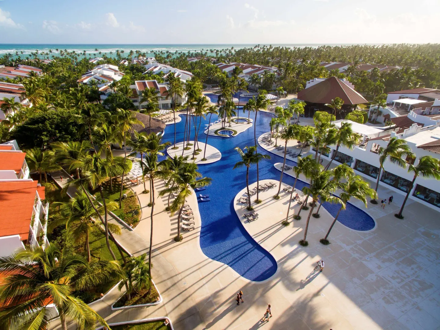 Aerial view of the main pool, palms, and resort buildings at Occidental Punta Cana.