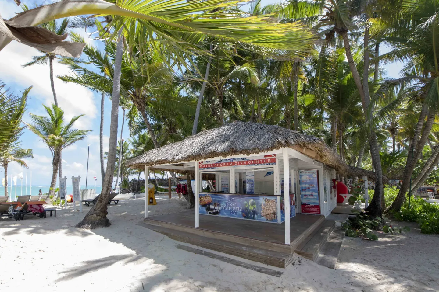 Beach watersport and dive center under palms at Occidental Punta Cana.
