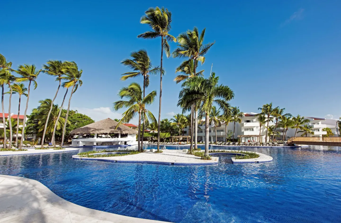 Main pool with palm islands, thatched structure, and white buildings at Occidental Punta Cana.