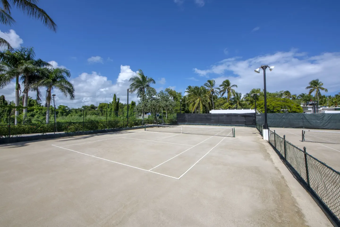 Outdoor tennis court with nets, fencing, palms, and blue sky at Occidental Punta Cana.