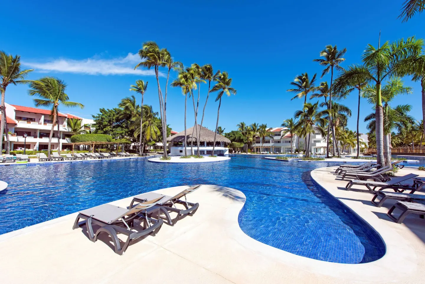 Large blue resort pool with islands of palms and sun loungers at Occidental Punta Cana.
