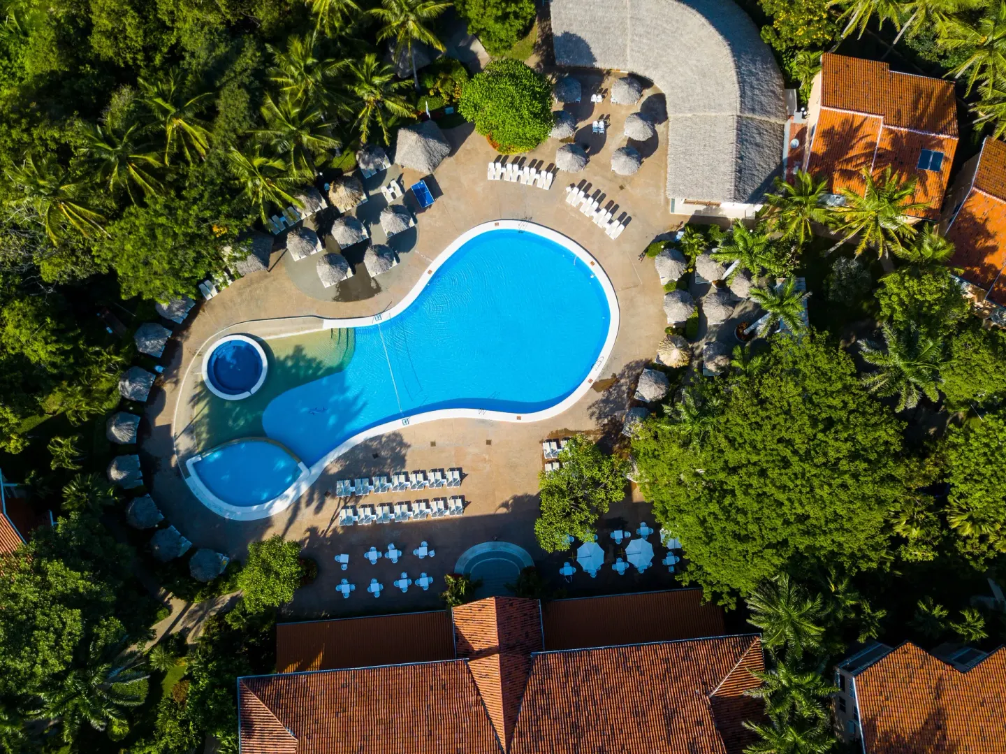 Aerial view of the pool, palapas, palms, and resort rooftops at Occidental Tamarindo.