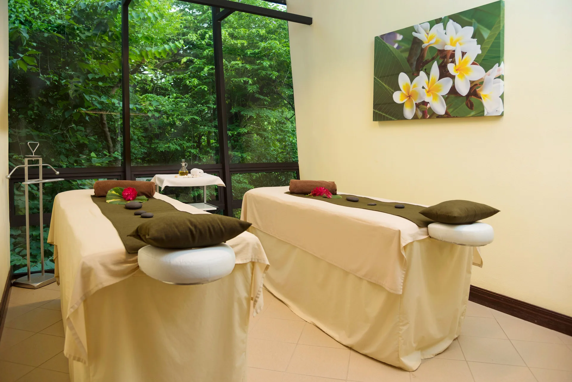 Couples massage room with two treatment beds and forest windows at Occidental Tamarindo.