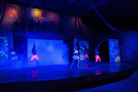 Stage dancers perform through blue haze and light at Occidental Tamarindo.